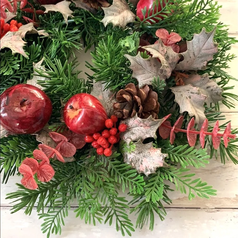 Christmas Holiday Winter Wreath Faux Artificial Plants Red Apples Berries 14in